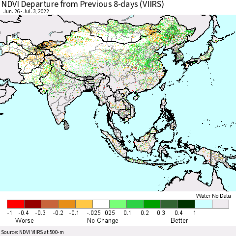Asia NDVI Departure from Previous 8-days (VIIRS) Thematic Map For 6/26/2022 - 7/3/2022