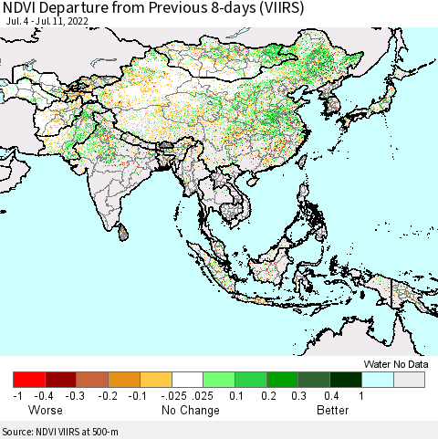 Asia NDVI Departure from Previous 8-days (VIIRS) Thematic Map For 7/4/2022 - 7/11/2022