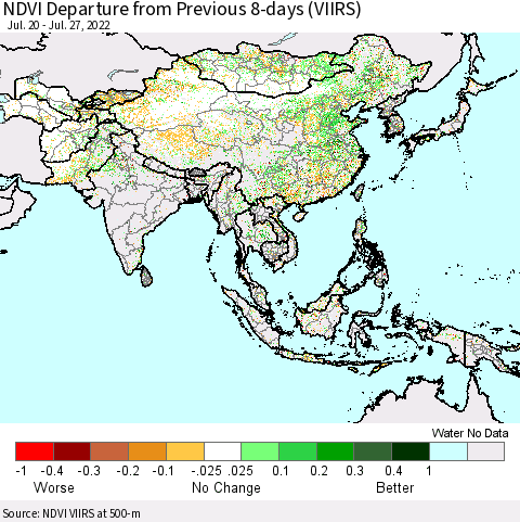 Asia NDVI Departure from Previous 8-days (VIIRS) Thematic Map For 7/20/2022 - 7/27/2022