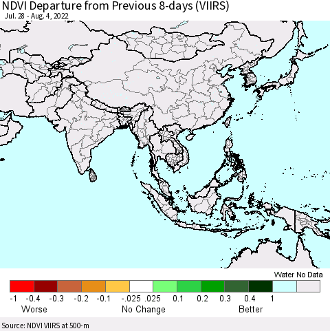 Asia NDVI Departure from Previous 8-days (VIIRS) Thematic Map For 7/28/2022 - 8/4/2022