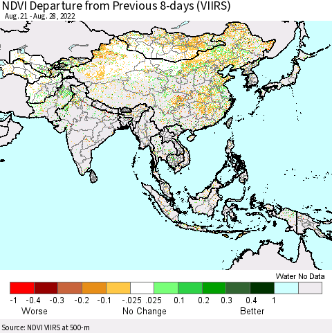 Asia NDVI Departure from Previous 8-days (VIIRS) Thematic Map For 8/21/2022 - 8/28/2022