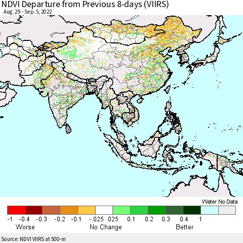 Asia NDVI Departure from Previous 8-days (VIIRS) Thematic Map For 8/29/2022 - 9/5/2022