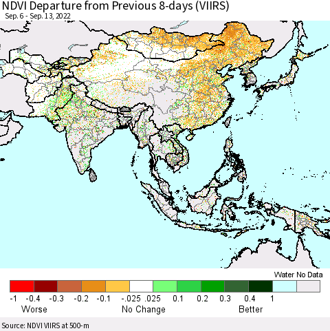 Asia NDVI Departure from Previous 8-days (VIIRS) Thematic Map For 9/6/2022 - 9/13/2022