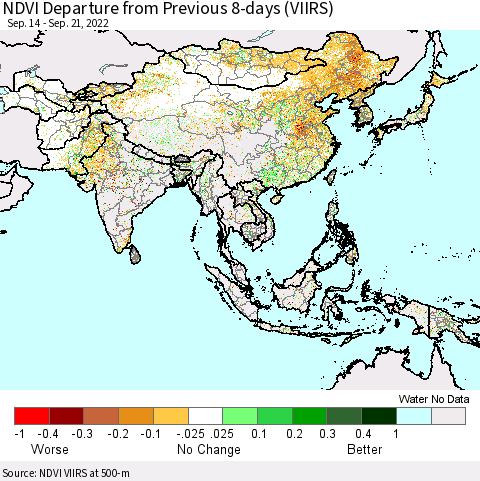 Asia NDVI Departure from Previous 8-days (VIIRS) Thematic Map For 9/14/2022 - 9/21/2022