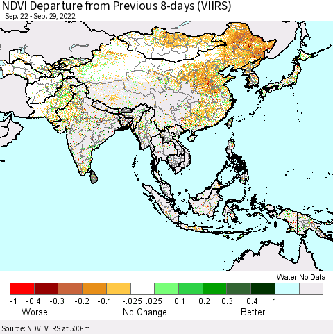 Asia NDVI Departure from Previous 8-days (VIIRS) Thematic Map For 9/22/2022 - 9/29/2022