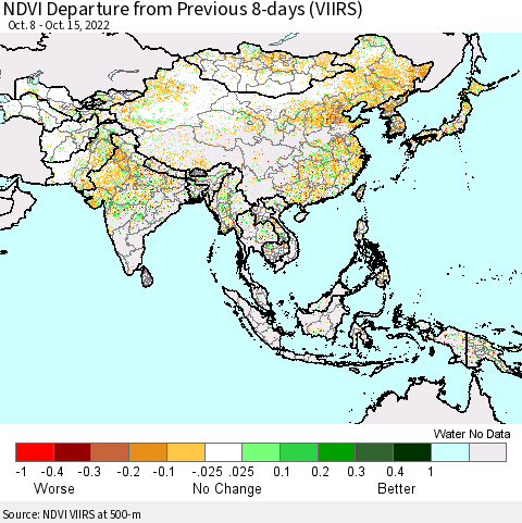 Asia NDVI Departure from Previous 8-days (VIIRS) Thematic Map For 10/8/2022 - 10/15/2022