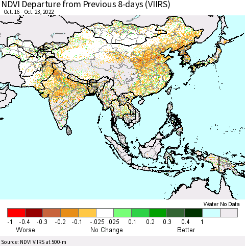 Asia NDVI Departure from Previous 8-days (VIIRS) Thematic Map For 10/16/2022 - 10/23/2022