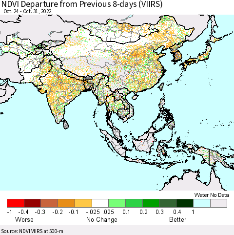 Asia NDVI Departure from Previous 8-days (VIIRS) Thematic Map For 10/24/2022 - 10/31/2022