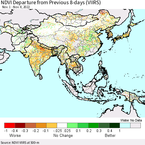 Asia NDVI Departure from Previous 8-days (VIIRS) Thematic Map For 11/1/2022 - 11/8/2022