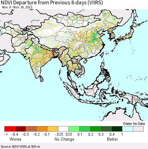 Asia NDVI Departure from Previous 8-days (VIIRS) Thematic Map For 11/9/2022 - 11/16/2022