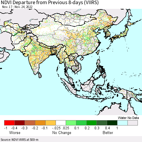 Asia NDVI Departure from Previous 8-days (VIIRS) Thematic Map For 11/17/2022 - 11/24/2022
