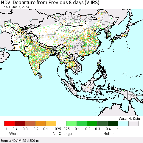 Asia NDVI Departure from Previous 8-days (VIIRS) Thematic Map For 1/1/2023 - 1/8/2023