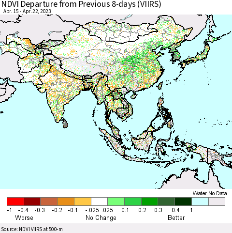 Asia NDVI Departure from Previous 8-days (VIIRS) Thematic Map For 4/15/2023 - 4/22/2023