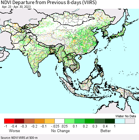 Asia NDVI Departure from Previous 8-days (VIIRS) Thematic Map For 4/23/2023 - 4/30/2023