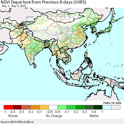 Asia NDVI Departure from Previous 8-days (VIIRS) Thematic Map For 5/1/2023 - 5/8/2023
