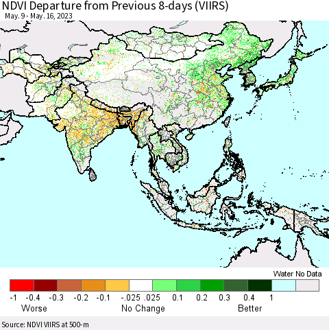 Asia NDVI Departure from Previous 8-days (VIIRS) Thematic Map For 5/9/2023 - 5/16/2023