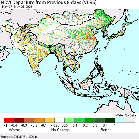 Asia NDVI Departure from Previous 8-days (VIIRS) Thematic Map For 5/17/2023 - 5/24/2023