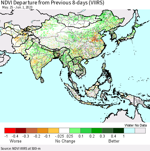 Asia NDVI Departure from Previous 8-days (VIIRS) Thematic Map For 5/25/2023 - 6/1/2023