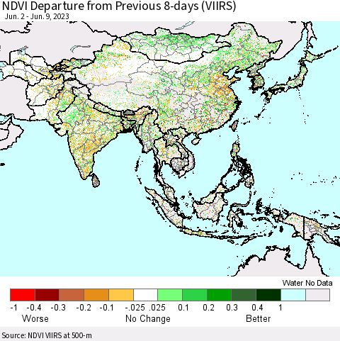 Asia NDVI Departure from Previous 8-days (VIIRS) Thematic Map For 6/2/2023 - 6/9/2023