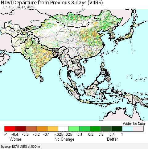 Asia NDVI Departure from Previous 8-days (VIIRS) Thematic Map For 6/10/2023 - 6/17/2023