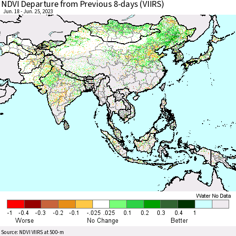 Asia NDVI Departure from Previous 8-days (VIIRS) Thematic Map For 6/18/2023 - 6/25/2023