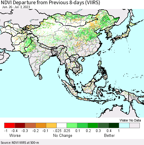 Asia NDVI Departure from Previous 8-days (VIIRS) Thematic Map For 6/26/2023 - 7/3/2023