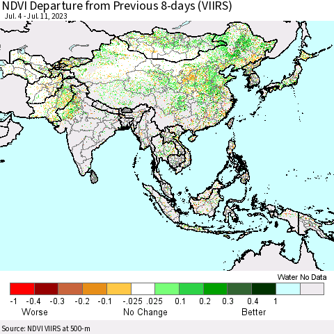 Asia NDVI Departure from Previous 8-days (VIIRS) Thematic Map For 7/4/2023 - 7/11/2023