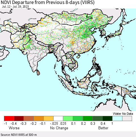 Asia NDVI Departure from Previous 8-days (VIIRS) Thematic Map For 7/12/2023 - 7/19/2023