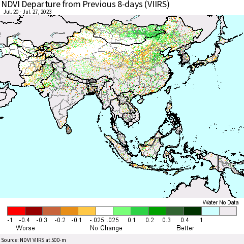 Asia NDVI Departure from Previous 8-days (VIIRS) Thematic Map For 7/20/2023 - 7/27/2023
