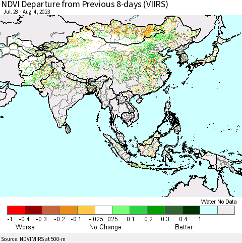Asia NDVI Departure from Previous 8-days (VIIRS) Thematic Map For 7/28/2023 - 8/4/2023