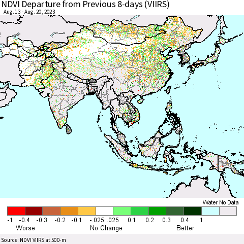 Asia NDVI Departure from Previous 8-days (VIIRS) Thematic Map For 8/13/2023 - 8/20/2023