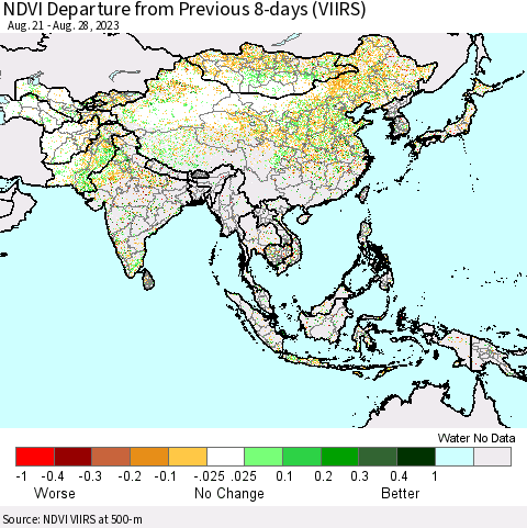 Asia NDVI Departure from Previous 8-days (VIIRS) Thematic Map For 8/21/2023 - 8/28/2023