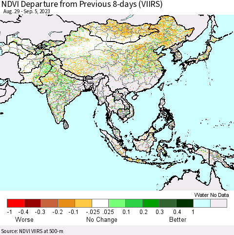 Asia NDVI Departure from Previous 8-days (VIIRS) Thematic Map For 8/29/2023 - 9/5/2023