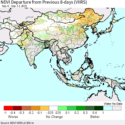 Asia NDVI Departure from Previous 8-days (VIIRS) Thematic Map For 9/6/2023 - 9/13/2023