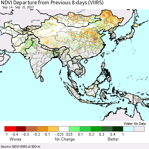 Asia NDVI Departure from Previous 8-days (VIIRS) Thematic Map For 9/14/2023 - 9/21/2023