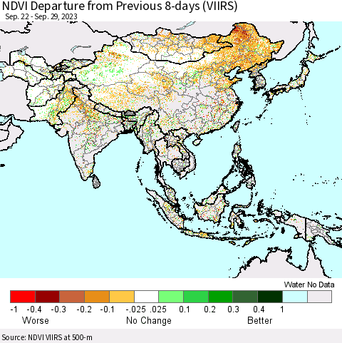 Asia NDVI Departure from Previous 8-days (VIIRS) Thematic Map For 9/22/2023 - 9/29/2023