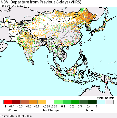 Asia NDVI Departure from Previous 8-days (VIIRS) Thematic Map For 9/30/2023 - 10/7/2023