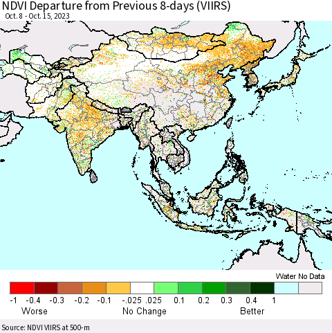 Asia NDVI Departure from Previous 8-days (VIIRS) Thematic Map For 10/8/2023 - 10/15/2023