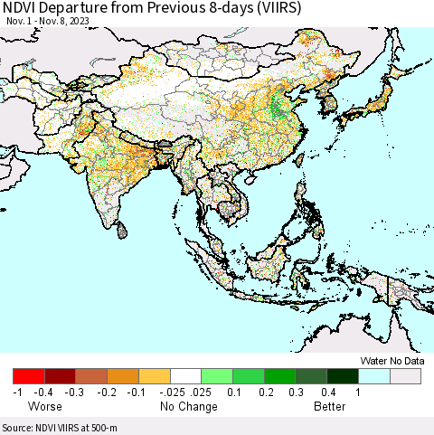 Asia NDVI Departure from Previous 8-days (VIIRS) Thematic Map For 11/1/2023 - 11/8/2023