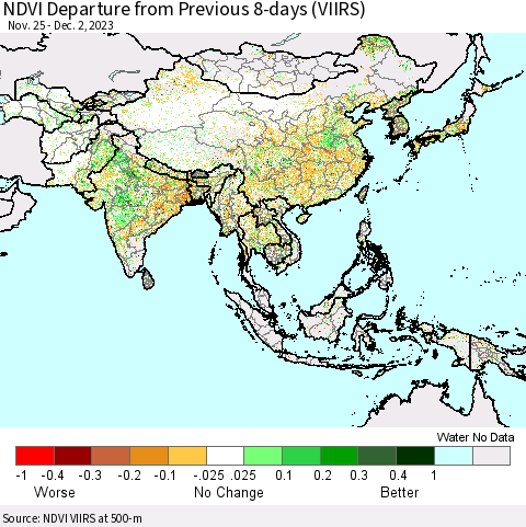Asia NDVI Departure from Previous 8-days (VIIRS) Thematic Map For 11/25/2023 - 12/2/2023