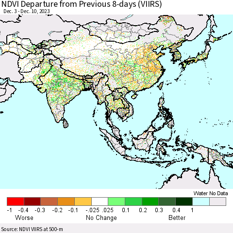 Asia NDVI Departure from Previous 8-days (VIIRS) Thematic Map For 12/3/2023 - 12/10/2023