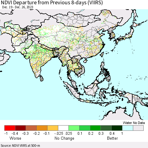 Asia NDVI Departure from Previous 8-days (VIIRS) Thematic Map For 12/19/2023 - 12/26/2023