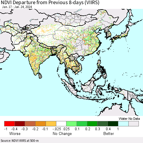 Asia NDVI Departure from Previous 8-days (VIIRS) Thematic Map For 1/17/2024 - 1/24/2024