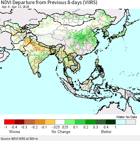 Asia NDVI Departure from Previous 8-days (VIIRS) Thematic Map For 4/6/2024 - 4/13/2024