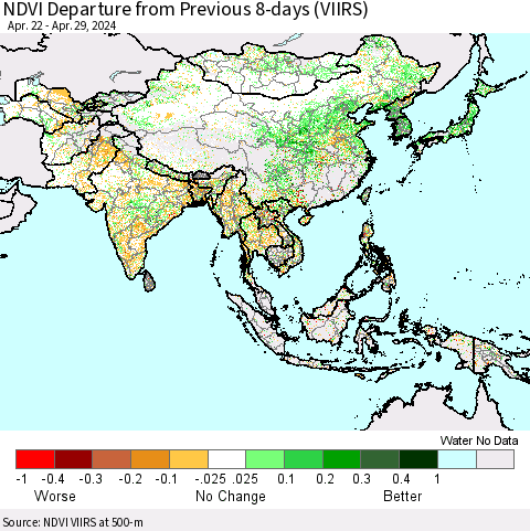 Asia NDVI Departure from Previous 8-days (VIIRS) Thematic Map For 4/22/2024 - 4/29/2024