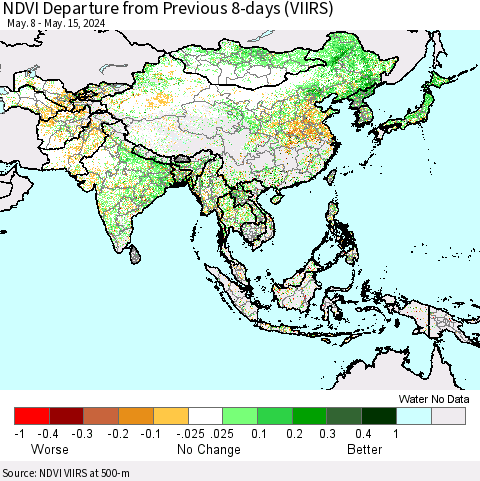 Asia NDVI Departure from Previous 8-days (VIIRS) Thematic Map For 5/8/2024 - 5/15/2024