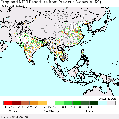Asia Cropland NDVI Departure from Previous 8-days (VIIRS) Thematic Map For 1/1/2022 - 1/8/2022