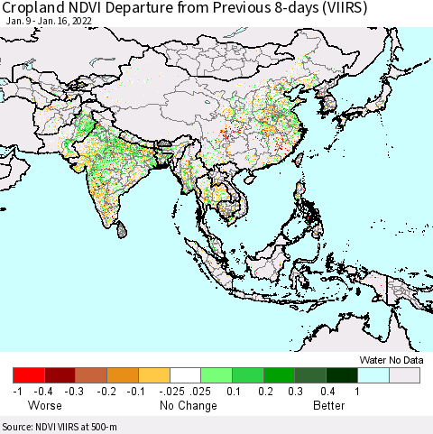 Asia Cropland NDVI Departure from Previous 8-days (VIIRS) Thematic Map For 1/9/2022 - 1/16/2022