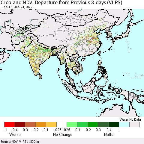 Asia Cropland NDVI Departure from Previous 8-days (VIIRS) Thematic Map For 1/17/2022 - 1/24/2022