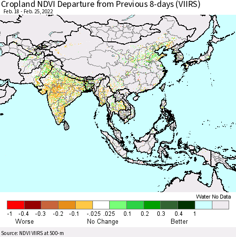 Asia Cropland NDVI Departure from Previous 8-days (VIIRS) Thematic Map For 2/18/2022 - 2/25/2022